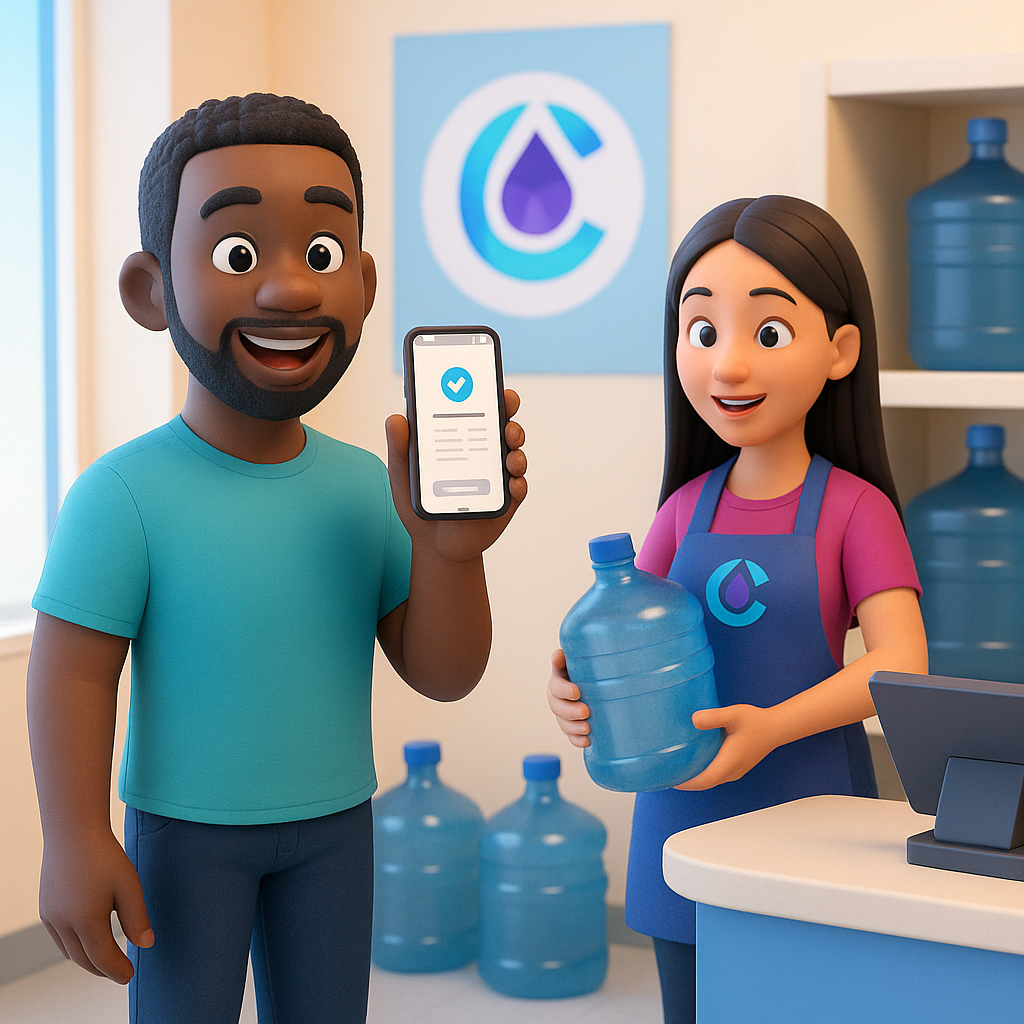 Three animated characters in a store setting with water bottles and a tablet.